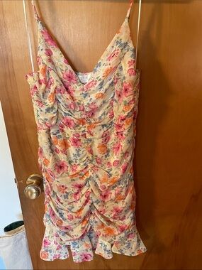 Astr Cream Floral Ruched Cowl Mini Dress with Pink & Orange Blooms